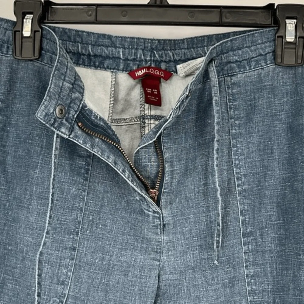 H&M L.O.G.G. Linen Jogger Pants Womens 10 Blue Drawstring Coastal Casual